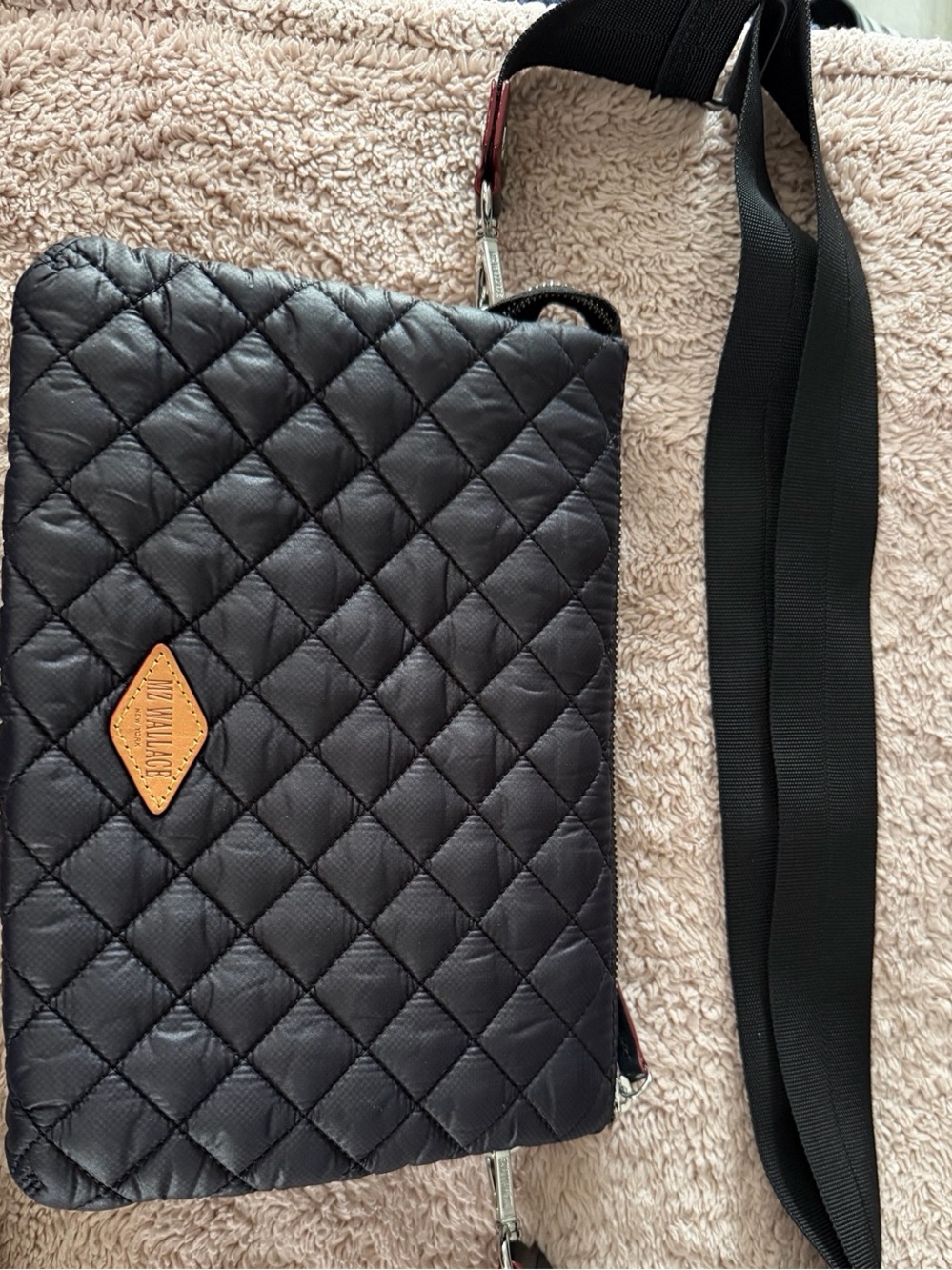 MZ Wallace Pippa Large Quilted Black Crossbody with Tan Leather Logo